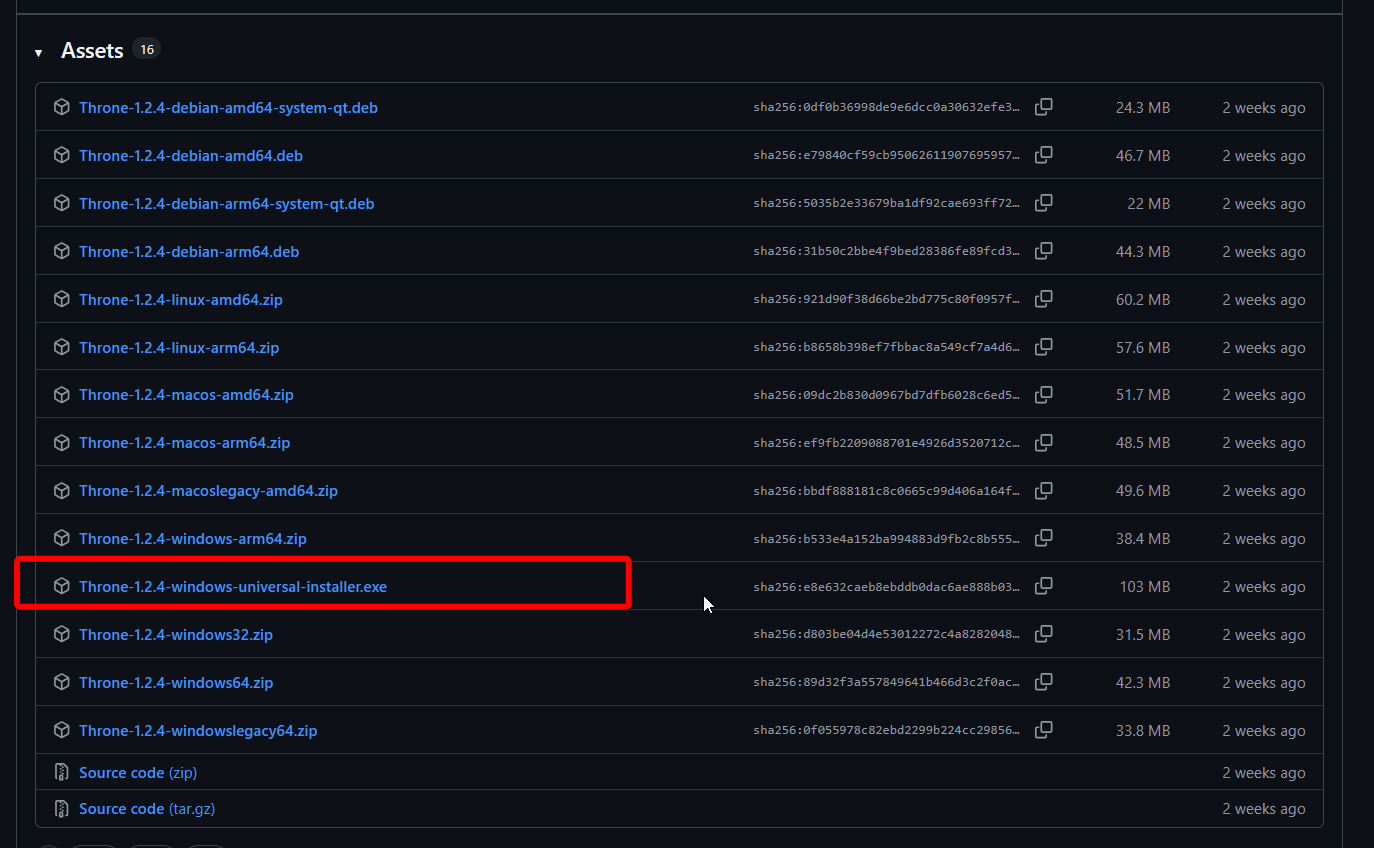 Список файлов релиза Throne на GitHub, выделен windows-universal-installer.exe