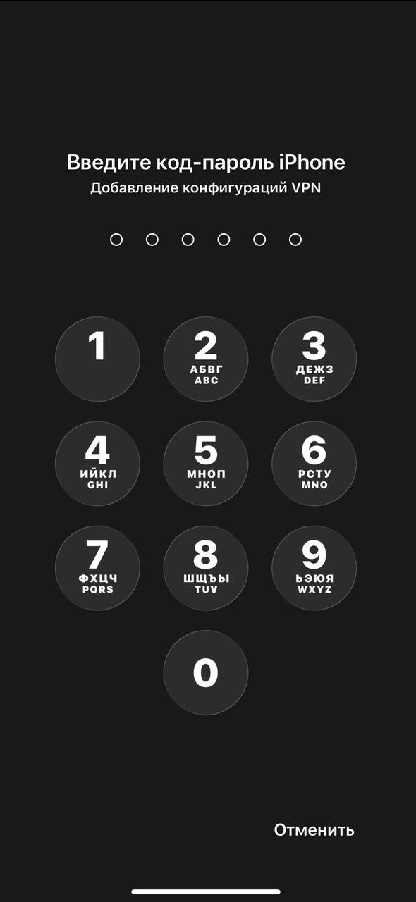 Экран ввода код-пароля iPhone для добавления конфигурации VPN