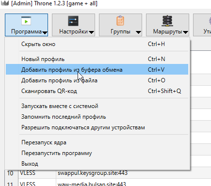 Меню «Программа», пункт «Добавить профиль из буфера обмена»